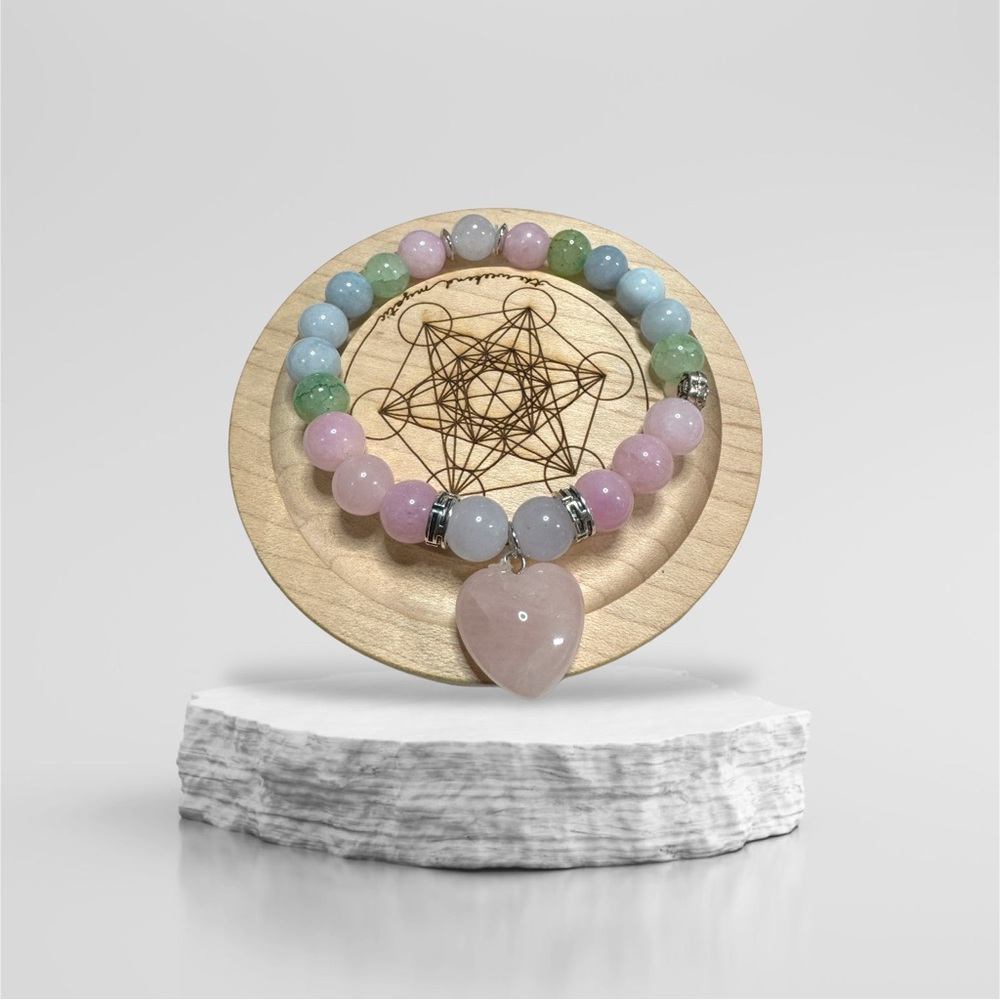 Pastel Multicolor Beaded Bracelet with Rose Quartz Heart Charm